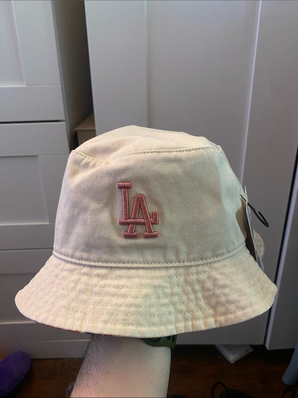 Cream Bucket Hat with Pink LA Embroidery